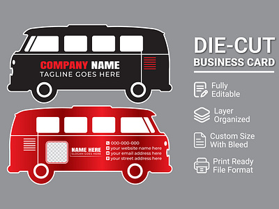 Creative Van-Shaped Die-Cut Business Card Design car shape card company branding corporate card design creative business card custom shape business card die cut business card editable template graphic design template illustrator template modern card design print ready card print template retro van design transport branding transport card design unique business card van shaped business card vector business card vehicle branding vehicle business card
