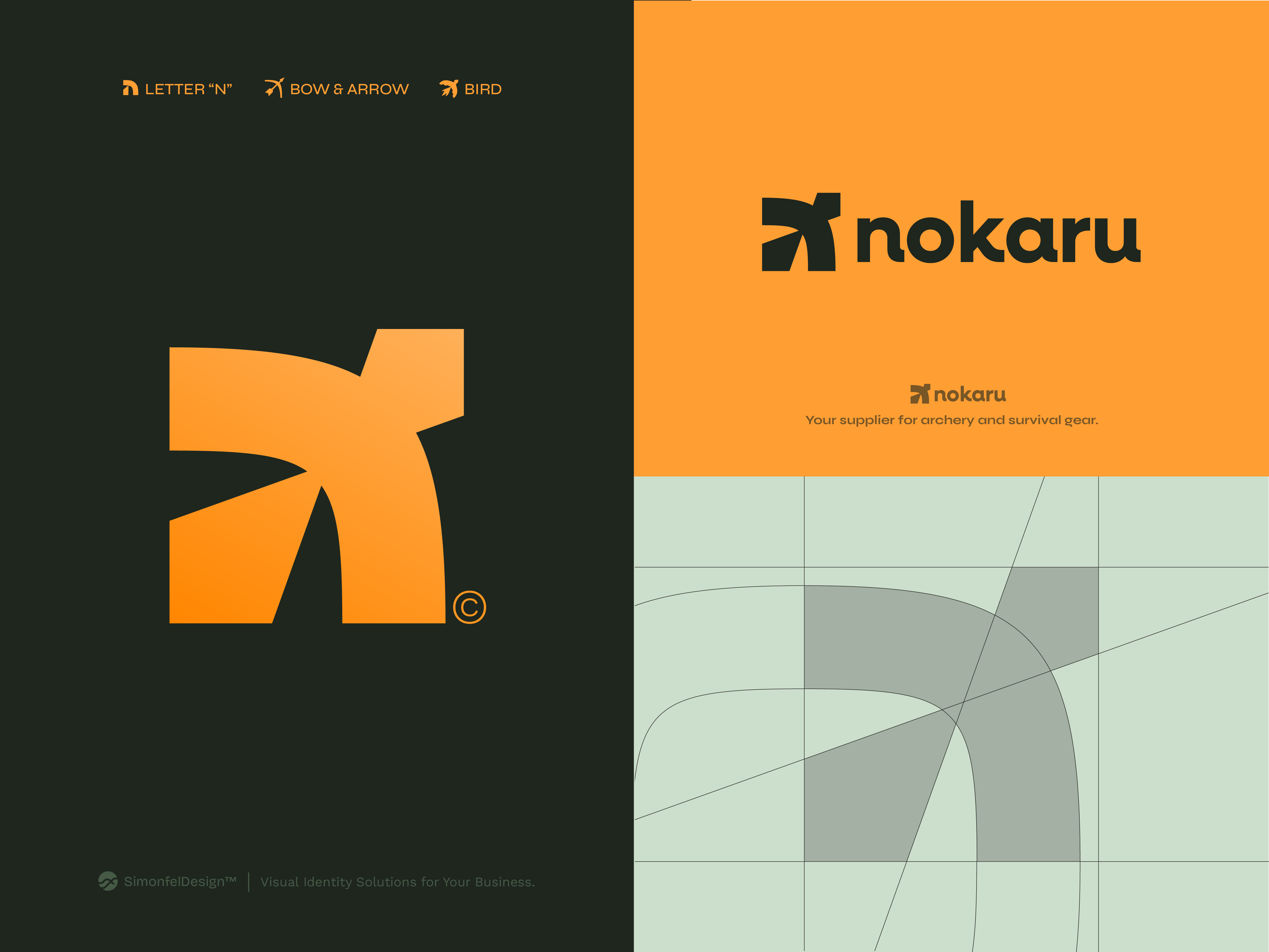 Archery and Survival Gear: Nokaru Brand Concept abstract archer archery bird bow and arrow branding concept eagle gear geometric hawk hiking japanese letter n lettermark logo grid n logo sketch supplies survival