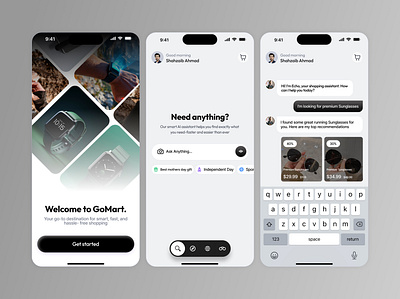 GoMart AI Shopping Assistant UI Design ai chat ui ai powered app ai shopping app app concept chat ui clean ui ecommerce app ecommerce ui figma design flutter ui iphone mockup minimal app design mobile app design modern mobile design onboarding screen product recommendation ui shopping assistant ui design user interface ux design