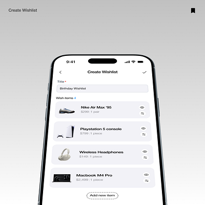 Wishlist Mobile App graphic design ios design lightmode minimalist mobile app ui wishlist