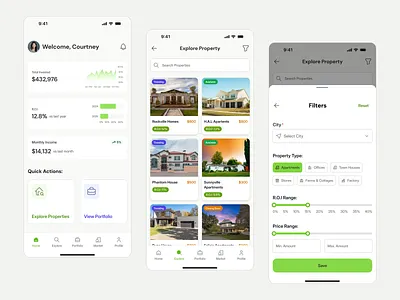 Real Estate Investment Dashboard & Property Explorer Design UI appdesign cleanui datavisualization investmentdashboard minimaldesign mobileui productdesign propertyexplorer realestateapp uidesign uiux userexperience uxdesign