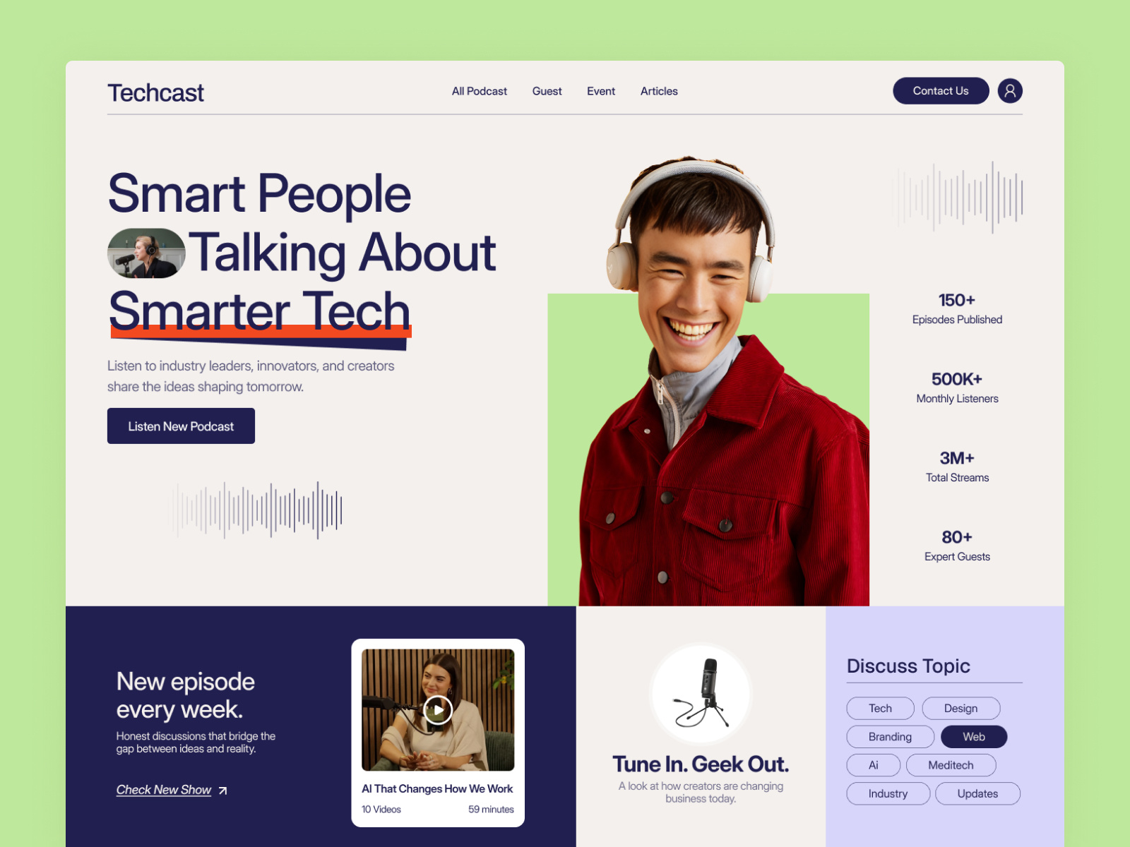 Techcast - A Tech Podcast Show Website Platform Website 2026 ui framer hero section media website minimal web design modern design ui modern uiux music website online show platform online streaming podcast podcast hero section podcast platform podcast website product ui techcast techwitpro web uiux webflow wordpress