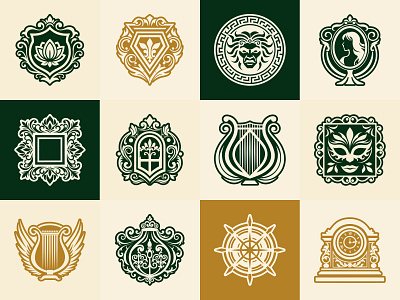 Antique Logo Bundle ancient antique art artwork creativity design emblem graphic design heritage historical icon iconography logo print royal symbol tattoo vector victorian vintage