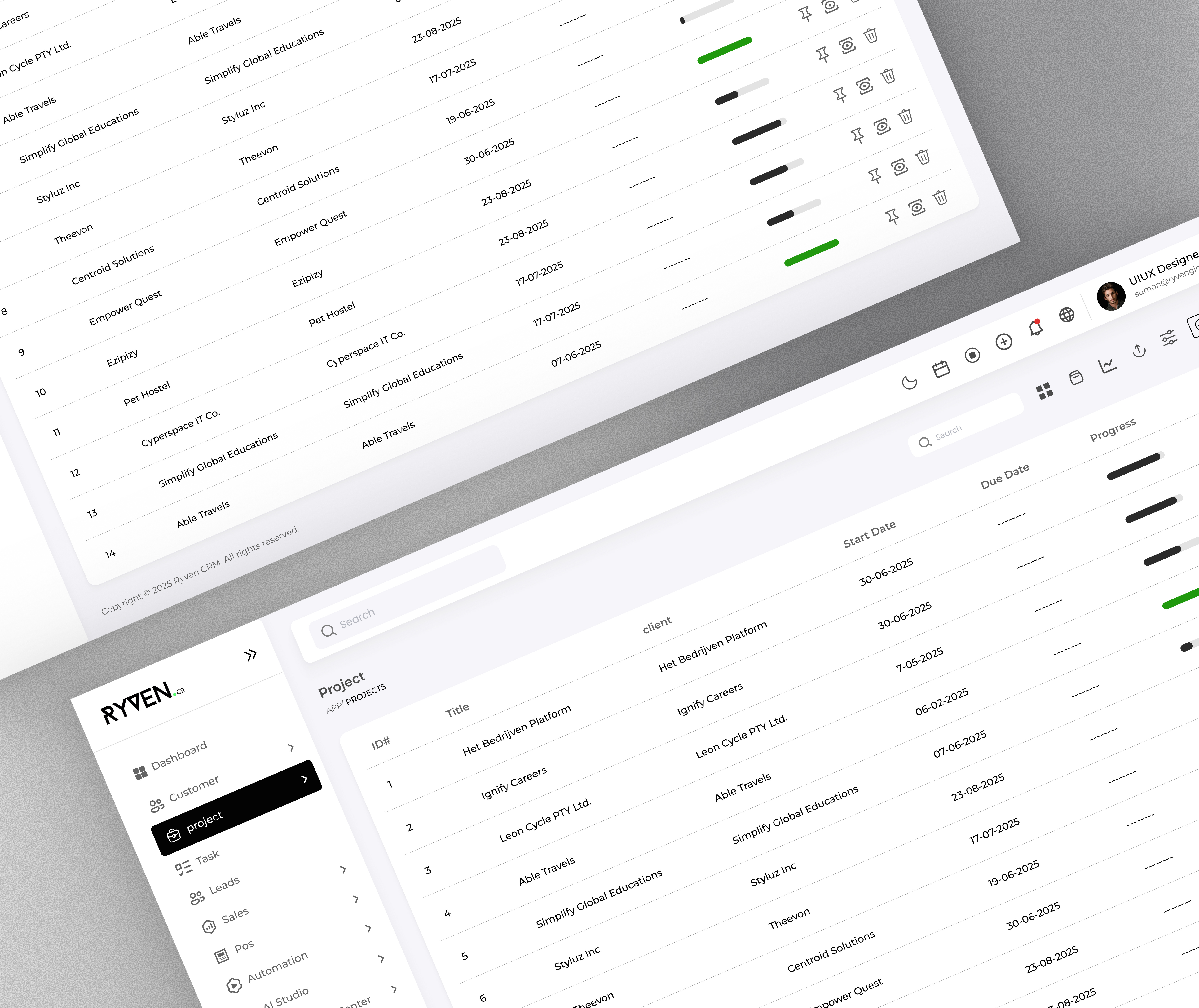 Ryven CRM — Modern Client & Project Management UI aistudio aivoice aivoicecallcenter automationtools cleanui clientmanagement crm dashboarddesign designsystem figmadesign minimalui projectmanagement ryvencrm saas saasdashboard saasdesign tableui uidesign uxinspiration workflowdesign