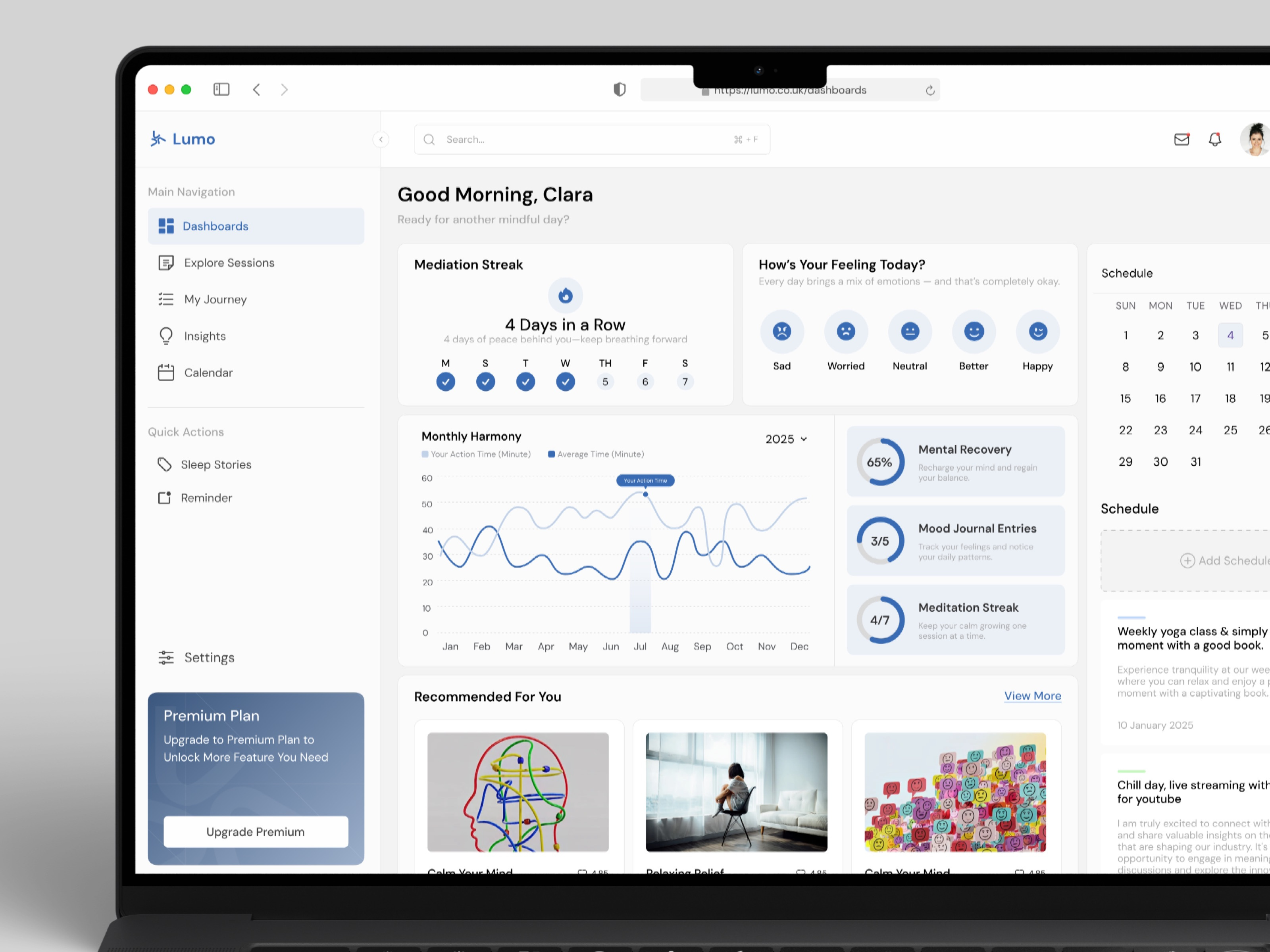 LUMO - Meditation & Mental Health Platform Dashboard SaaS app app design branding clean dashboard dashboard design elegant graphic design health app mental health app minimalist modern design motion graphics product design product development saas saas design ui w website design