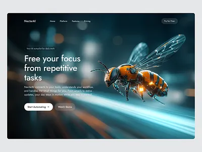 Smart Automation Hero Concept ai automation concept design digital tools futuristic hero section landing page productivity robotic bee saas ui design ux web design workflow optimization