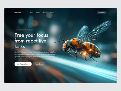 Smart Automation Hero Concept ai automation concept design digital tools futuristic hero section landing page productivity robotic bee saas ui design ux web design workflow optimization