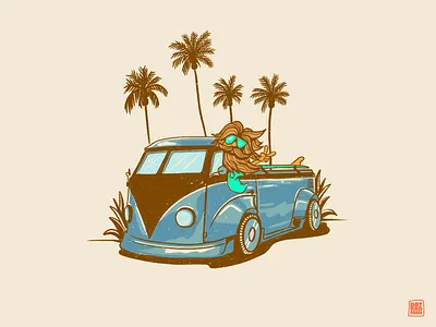 Surf Van Illustration beach beach art datradman palm tree palm tree art surf surf art surfboard surfboard art surfing surfing art volkswagen volkswagen bus vw bus wave wave art