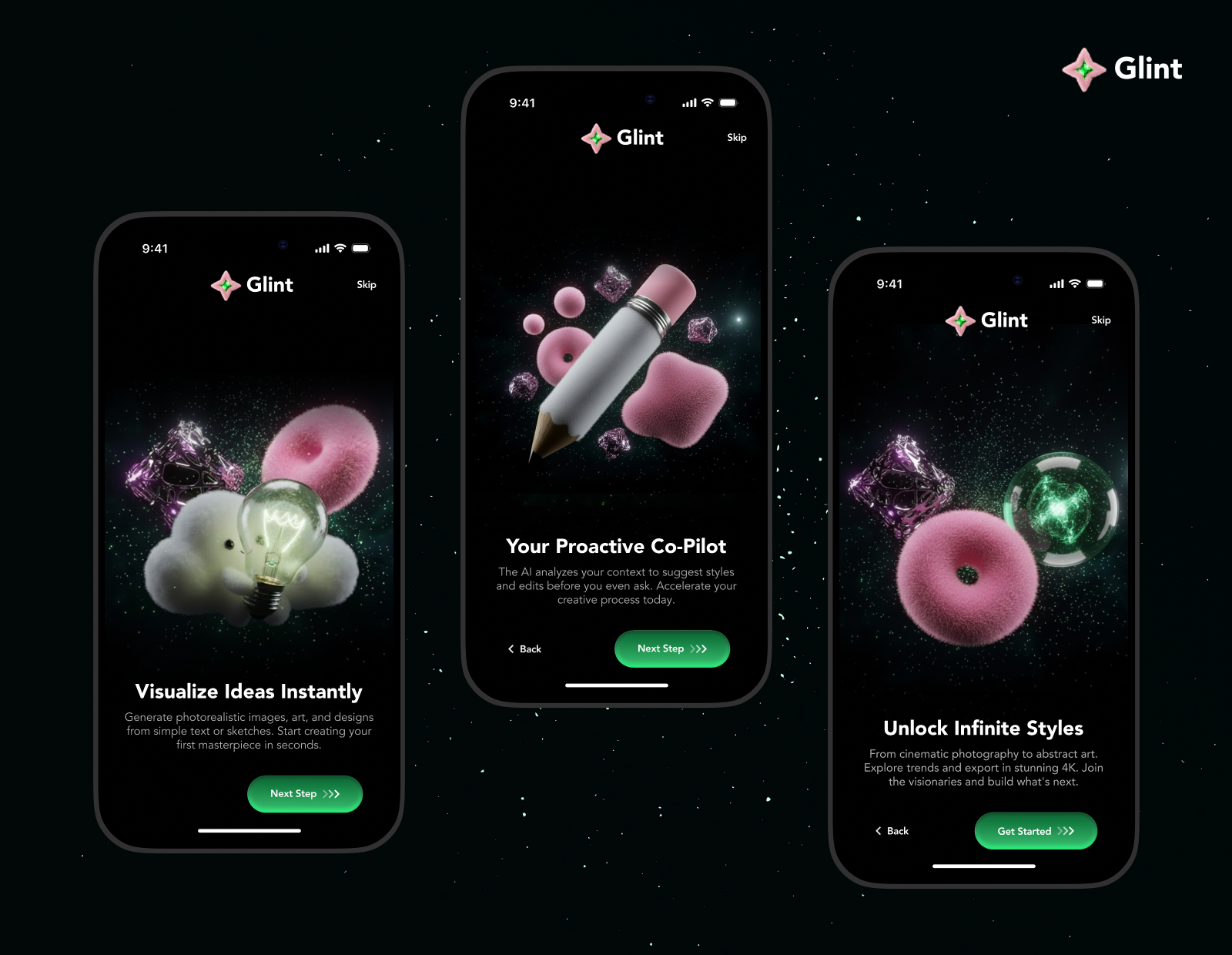 Glint AI Onboarding 3d ai ai app image generator midjourney onboarding