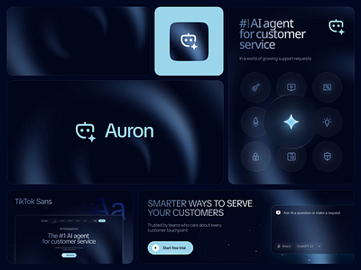 Auron – AI Support Agent Logo & Brand Identity ai logo animation brand identity brand system branding chatbot logo dark branding logo logo and branding logo design product branding saas branding startup branding tech logo visual identity