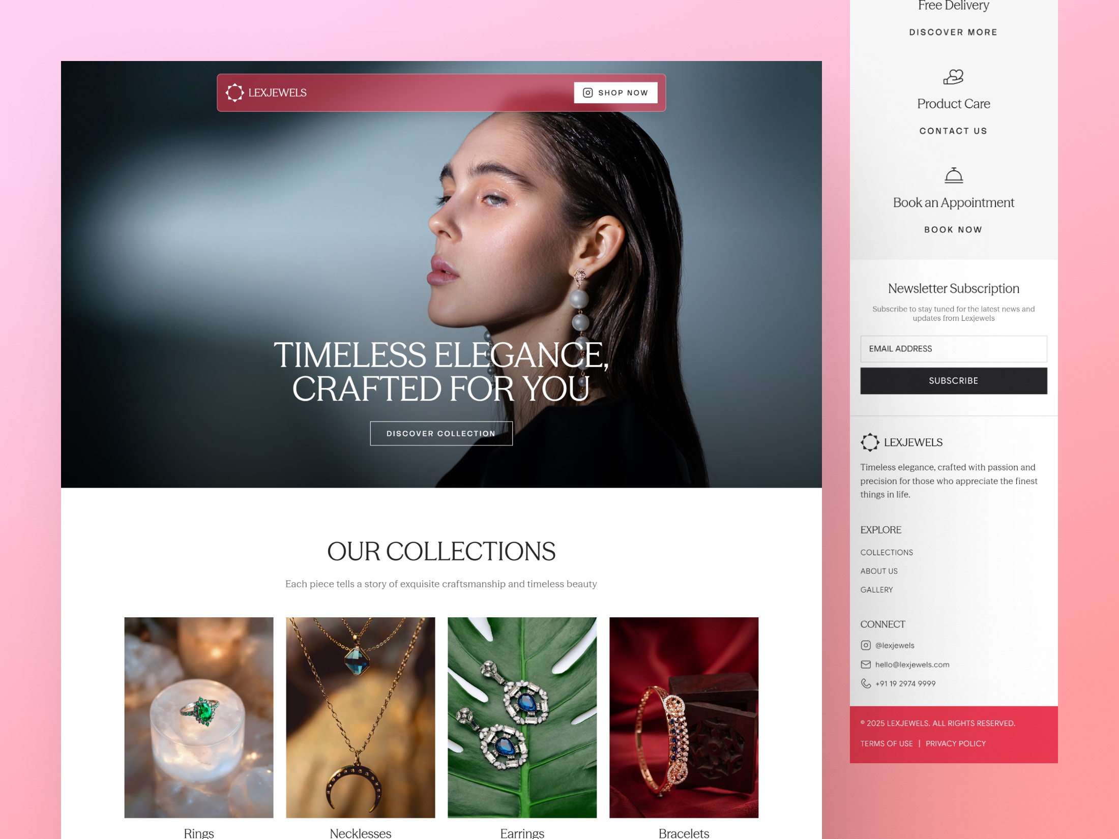 Lexjewels Landing Page Design art b2c brand identity branding consumer design dtc figma framer graphic design illustration jewellery landing page logo minimal motion graphics uiux visualdesign visualization webdesign