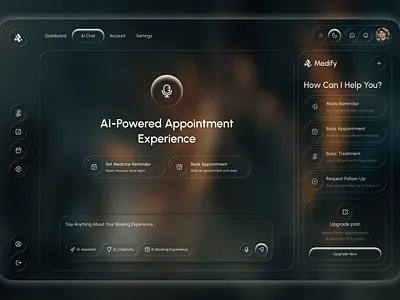 Intuitive AI Medical Assistant Dashboard aihealthcare aimedicalassistant appdesign appointmentbooking darkmodeui dashboardui digitalhealth figmadesign healthcaredashboard healthtech interactiondesign medicalapp medicationreminder neumorphism productivityapp uidesign userexperience userinterface uxdesign webdesign