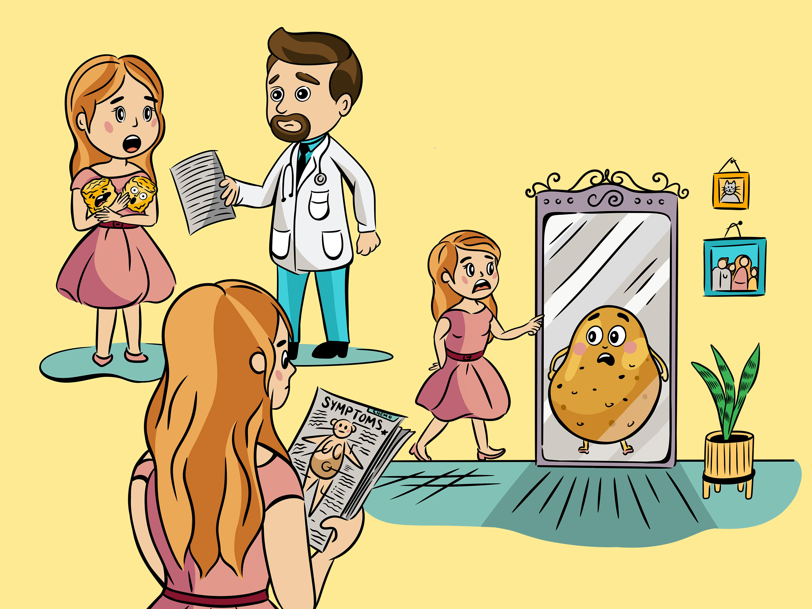 Penny Receives Cancer Diagnosis book book art book illustration breast cancer cancer cartoon character illustration characters chemo diagnosis doctor illustrator line art potato story story illustration tater tots young woman