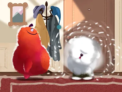 Flipflop dogs 01 animation book cartoon character characters children coat cute dog door entryway fluffy fur hat illustration kids monster rack tale