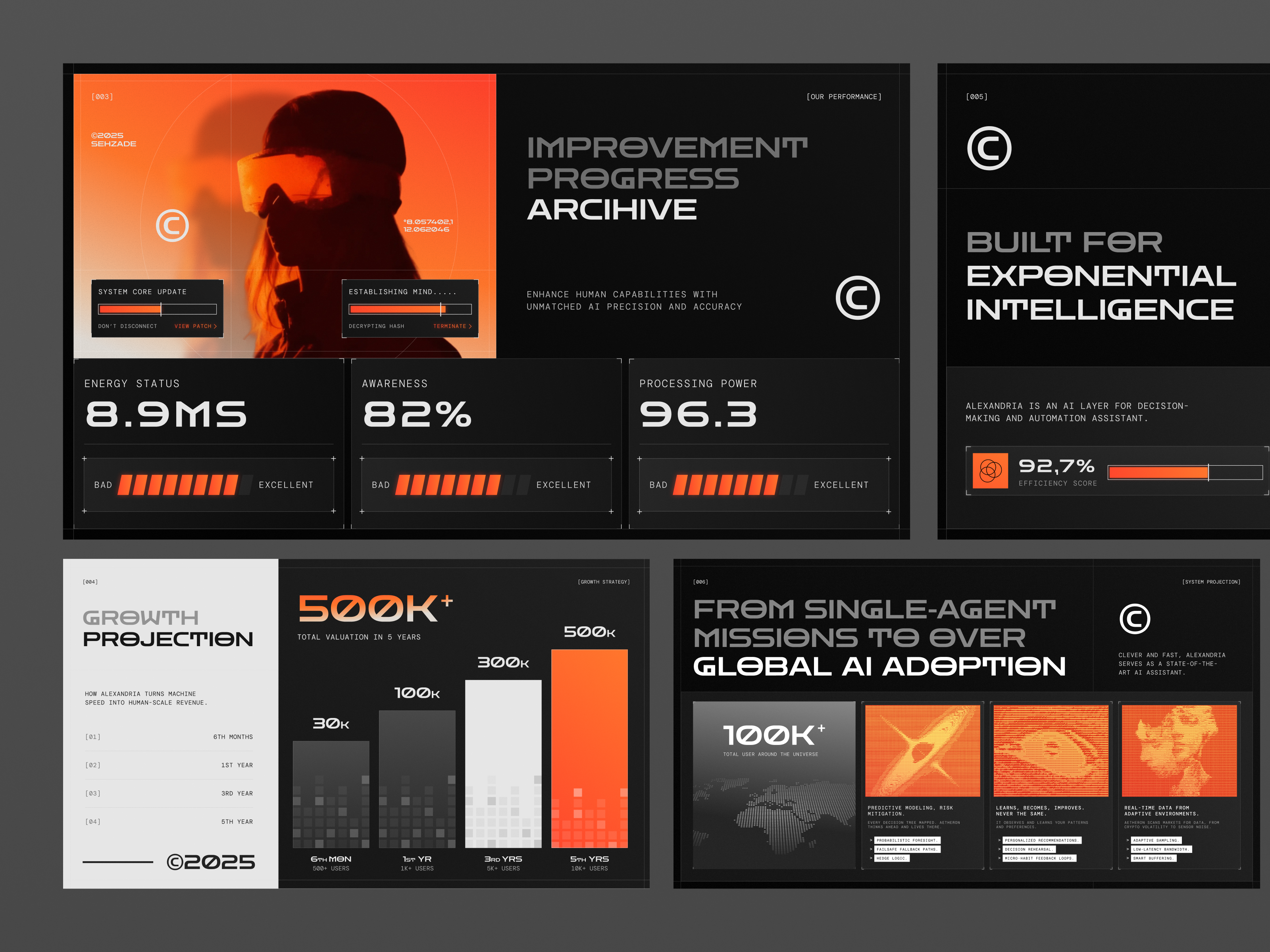 Alexandria.ai - AI Personal Assistant Pitch Deck ai ai agent ai assistant ai personal assistant artificial intelligence branding dark mode graphic design layout design personal assistant pitchdeck pitchdeck design presentation slide slide deck slide design