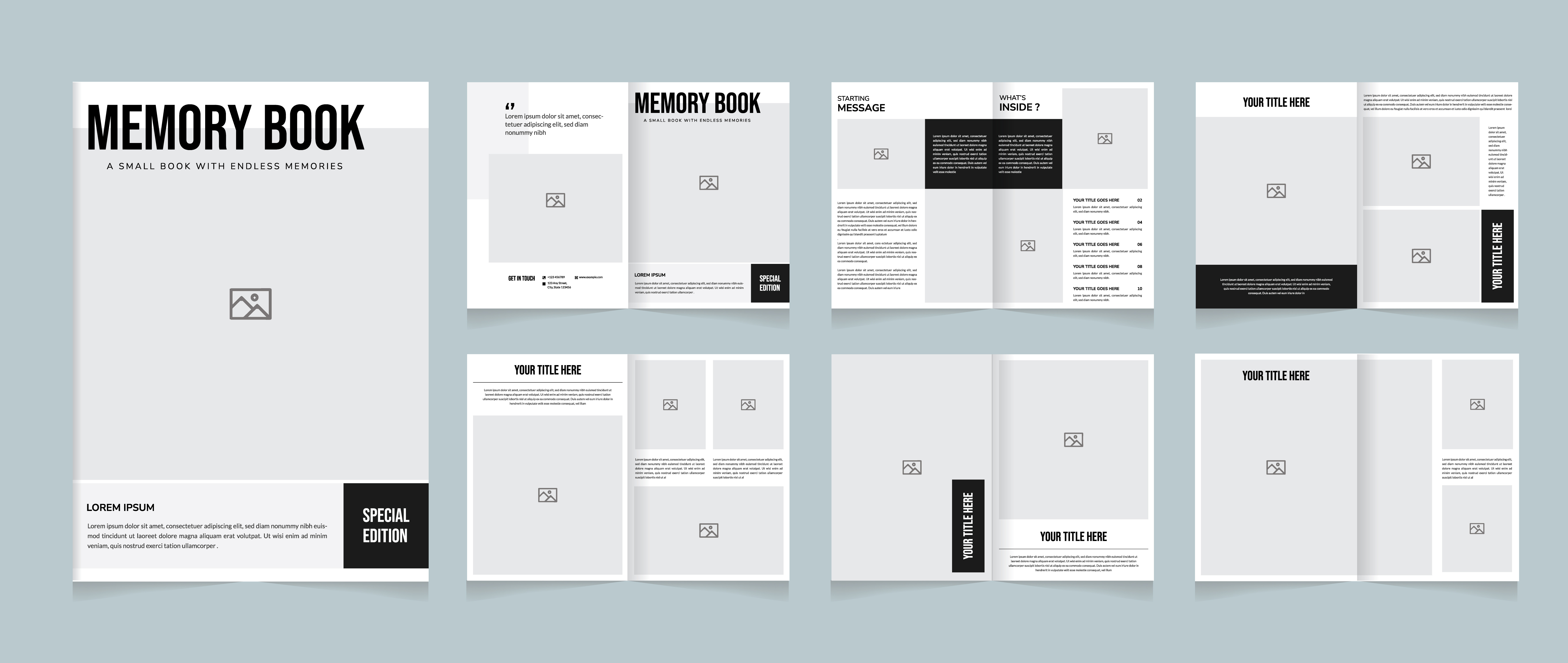 Modern Memory Book Template | Minimal Photo Book Layout a4 book template album page design clean layout design creative photo book editable template elegant magazine layout family album template memory book template minimal book design minimal brochure design modern portfolio book photo album layout photo book template photo story template printable memory book scrapbook template simple photo collage us letter book template white clean layout yearbook template