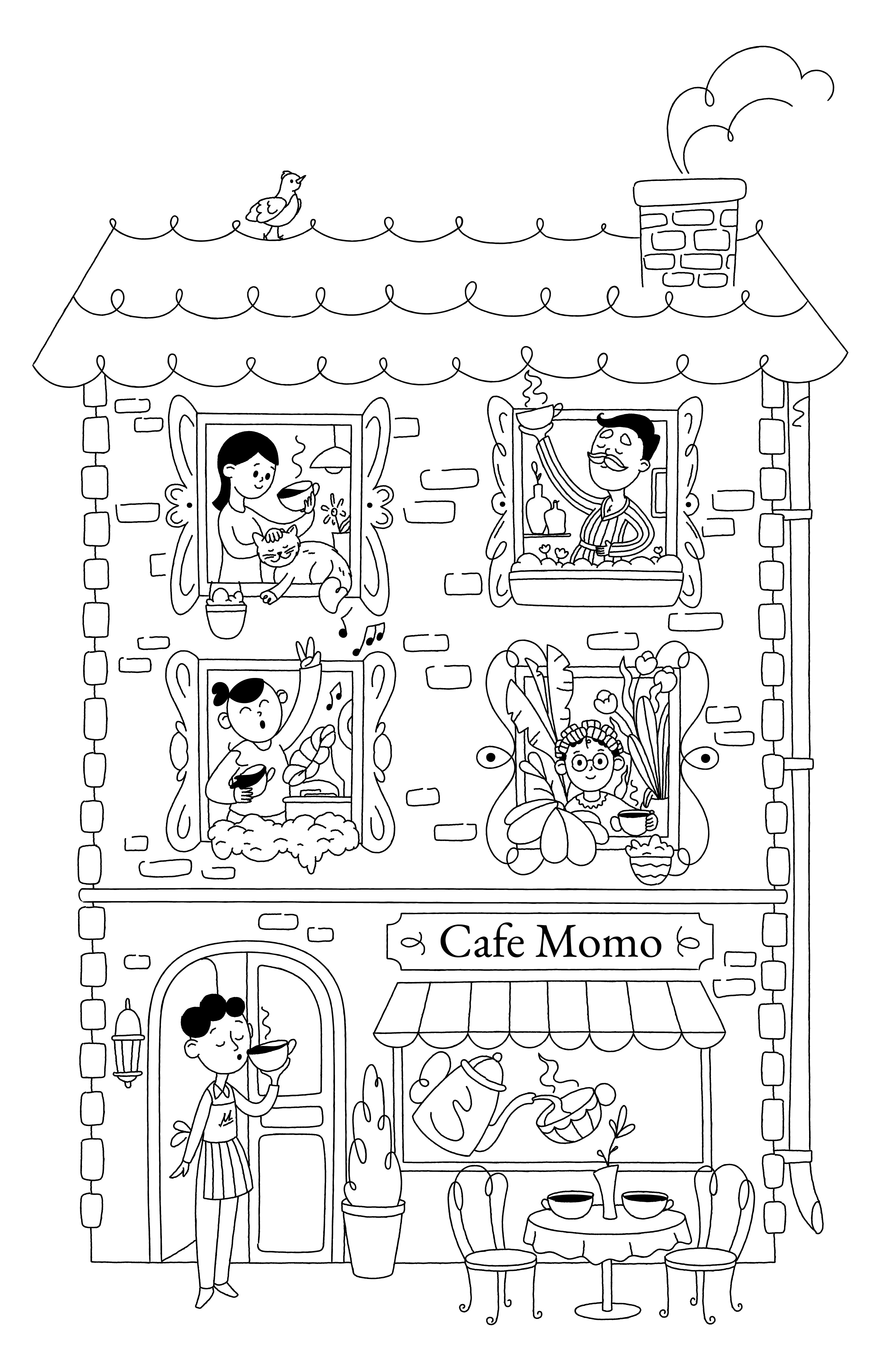 Line art illustration "Café Momo" art branding character character design coffee coffeepackage creative packaging design graphic design hand drawn illustration house illustration latte line line art package packaging design product illustration vector window