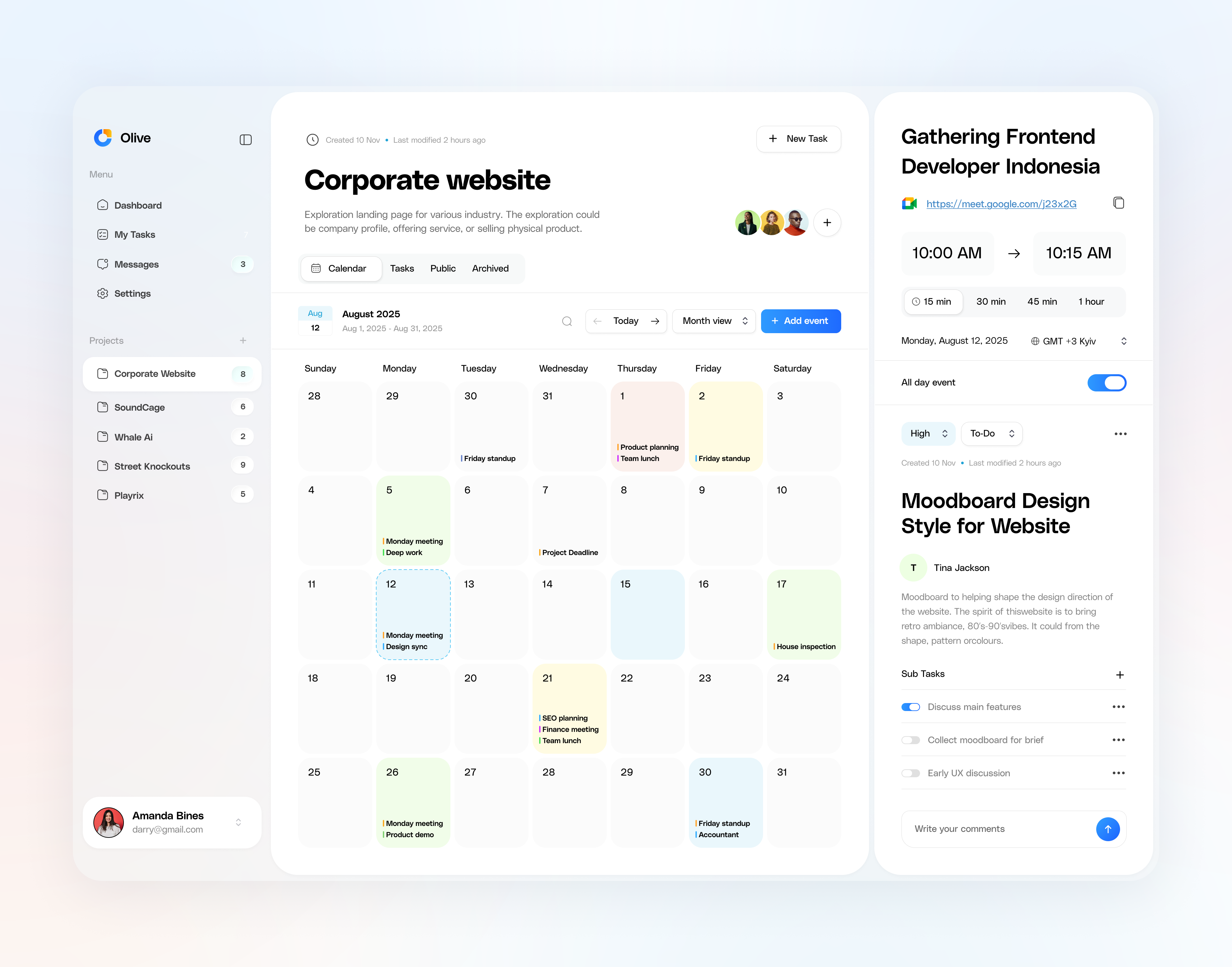 Olive - Team Task Manager app calendar call clean meeting minimal mobile task team web zoom