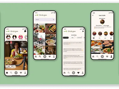 GrubGram – Food Social Media App UI app design case study clean ui figma food food app mobile app mobile ui restaurant app social media ui design ux design