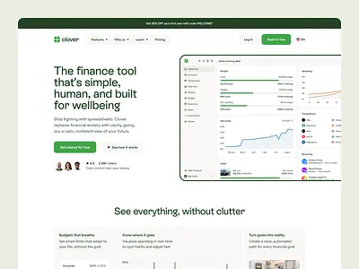 Clover - Budgeting App | Website Design banking interface budgeting budgeting app budgeting app website design budgeting website design dashboard finance expense tracker finance web design fintech website hero section landing page money app money manager personal finance ui startup startup web design ui design web design website website design