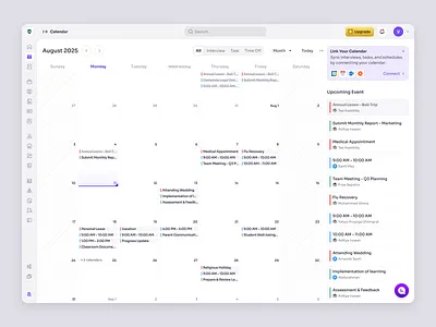 RecruitSmart — Monthly Calendar View for School HR Management calendar candidate dashboard education employee hr management hr system hrd hrm job product design saas saas design schedule school staff ui ux web app web design