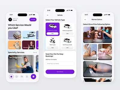 Multi-Service Booking App UI Design app designer beauty service booking app car wash home cleaning laundry service on demand service pet grooming service app service marketplace ui design ui ux designer for app uiux user experience women salon