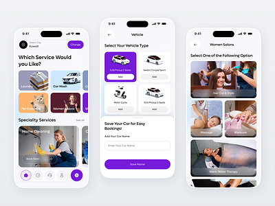 Multi-Service Booking App UI Design app designer beauty service booking app car wash home cleaning laundry service on demand service pet grooming service app service marketplace ui design ui ux designer for app uiux user experience women salon