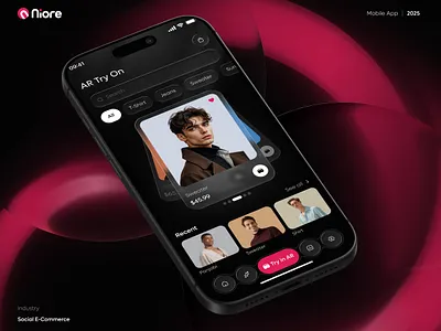 AR Try On Social Ecommerce App Design | Modern Fashion UI ai clothing matcher ai fashion tech ai styling assistant ai wardrobe ui ar tryon ui checkout flow ui dark fashion ui digital fashion interface digital outfit tester ecommerce ui concept fashion checkout ui intelligent fashion ui interactive outfit ui modern fashion ux product details ui realistic fitting ui realistic tryon ui smart outfit suggestion