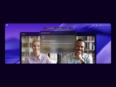 Live Assist Dock ai ai first app desktop desktop app dock drawer fireflies floating live mac meeting purple suggestions ui ux windows