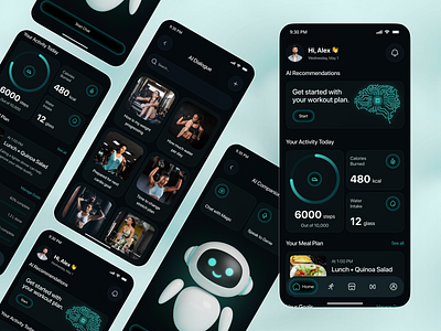 AI Fitness Mobile App – Smart Workout, Activity Tracking UI activity tracking ai ai app ai chatbot ai fitness app app design calorie tracker design fitness app gym app health app health tracker ios mobile mobile app step counter ui wellness app workout app