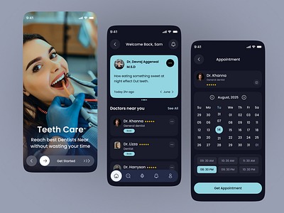 Dental Care App-Dent Care+ aesthetic dentistry app design booking system app branding consutation app dark mode ui dental app dentist appointment dentist booking doctor app doctor booking app health care health teach hospital app medical app mobile mobile app design modern ui wellness