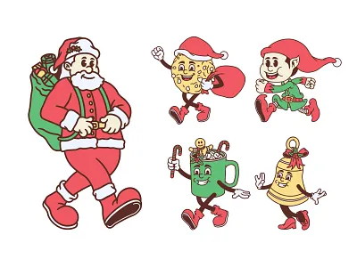 Santa’s Retro Gift Walk bell cartoon character christmas fun gift happy happy holiday holiday illustration joy merry christmas mug print retro santa santa claus