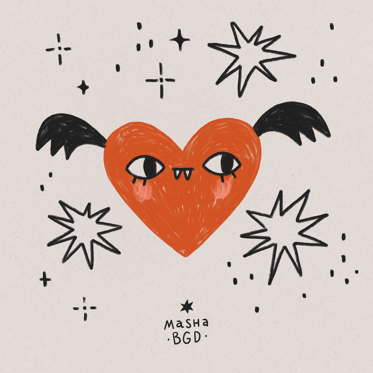 Сozy naive illustration set spooky trio - Masha BGD bat wings character design cozy art halloween heart character illustration mashabgd merch naive illustration print spooky vampire girl witch