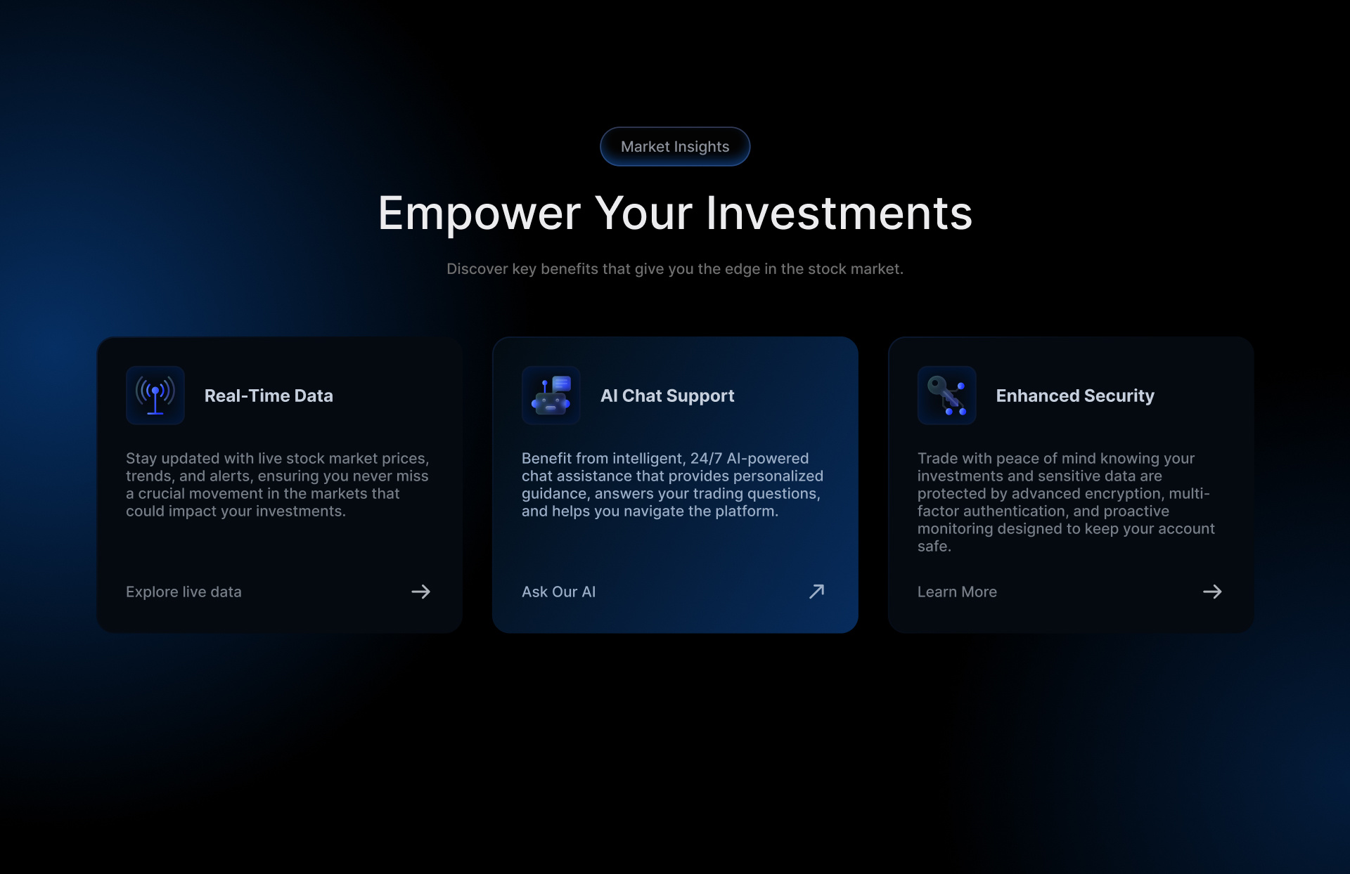 ⚡ Benefits of Investing with Our Stock Platform ai area benefit blue card chatbot content data futuristc gradient hover invest platform section security state stock subtitle title