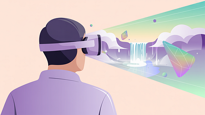 Virtual Reality: The Digital Horizon adventure art commission digital world environment flat design future tech illustration immersive experience landscape illustration metaverse outdoor travel vector art virtual reality vr headset web