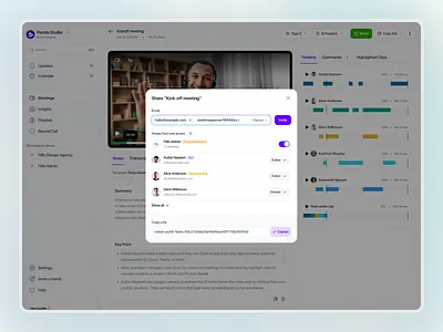 CallWave – Kick-off Meeting Share Overview aimeetingassistant aipowered aiux call futureofwork googlemeet meeting minimaldashboard modernsaas nextgenui productivitydesign recordcall remotecollaboration saas sharepage smartcollaboration teamwork uiux videopage webapp zoom