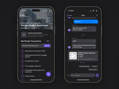 PropTech App ✦ Real Estate Transactions & Chat app design chat construction dark mode input ios messages minimal design progress tracker proptech real estate tech