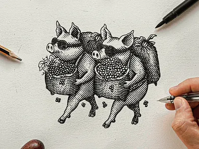 Pigglets Wine Engraving Illustration badge design black and white illustration branding design emblem design engraving illustration illustration logo pigs illustration ui vintage illustration wine engraving illustration