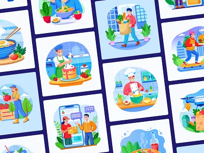 Food Illustration Art Set art artwork bakery cafe character chef cooking cuisine delivery design dessert flat food illustration meal order print restaurant snack vector