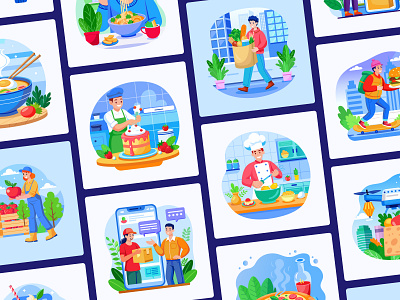 Food Illustration Art Set art artwork bakery cafe character chef cooking cuisine delivery design dessert flat food illustration meal order print restaurant snack vector