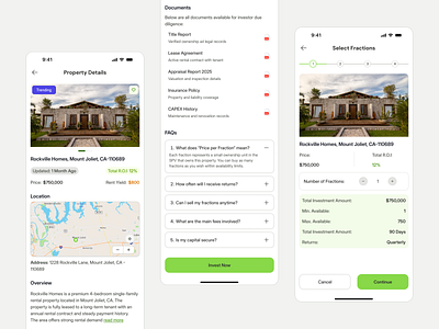 Fractional Real Estate – Property Details & Investment Flow app appdesign branding clean ui cleandesign design fractionalinvestment investmentapp minimalui mobile app mobile app design mobileappdesign productdesign propertyinvestment realestateapp uidesign userexperience uxdesign