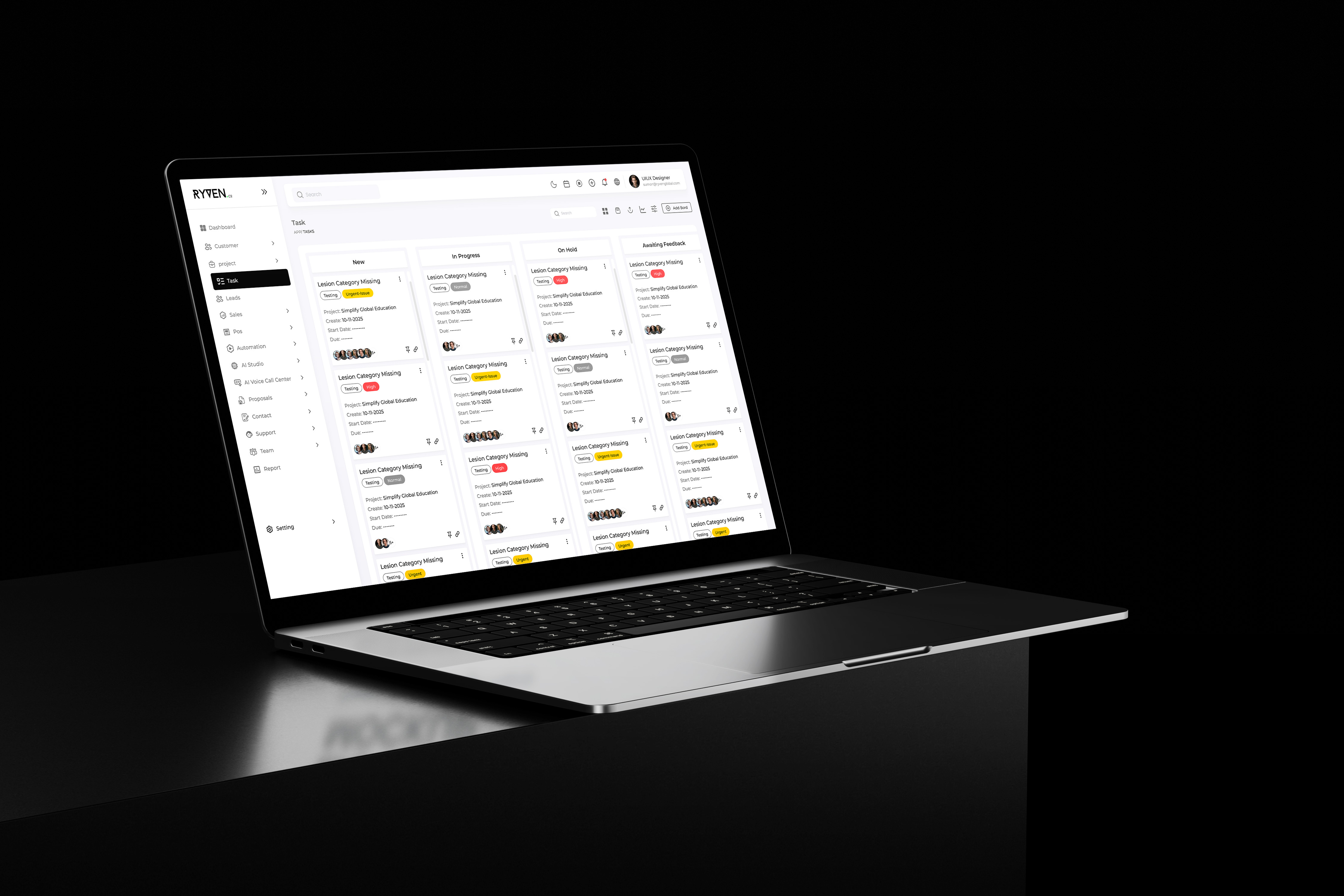Ryven CRM – Smart Task Workflow Management Dashboard cleandesign clientmanagement dashboarddesign designsystem minimalui moderninterface productdesign projectmanagement ryvencrm saasdesign taskmanagerui uidesign uxdesign uxinspiration webappui workflowdesign