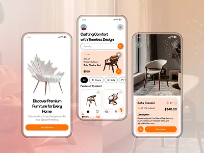 Furniture E-Commerce App UI Design — Modern, Minimal & Warm 3d animation branding furniture furniture e commerce furniture e commerce app furniture e commerce app ui graphic design logo minimal warm modern motion graphics ui