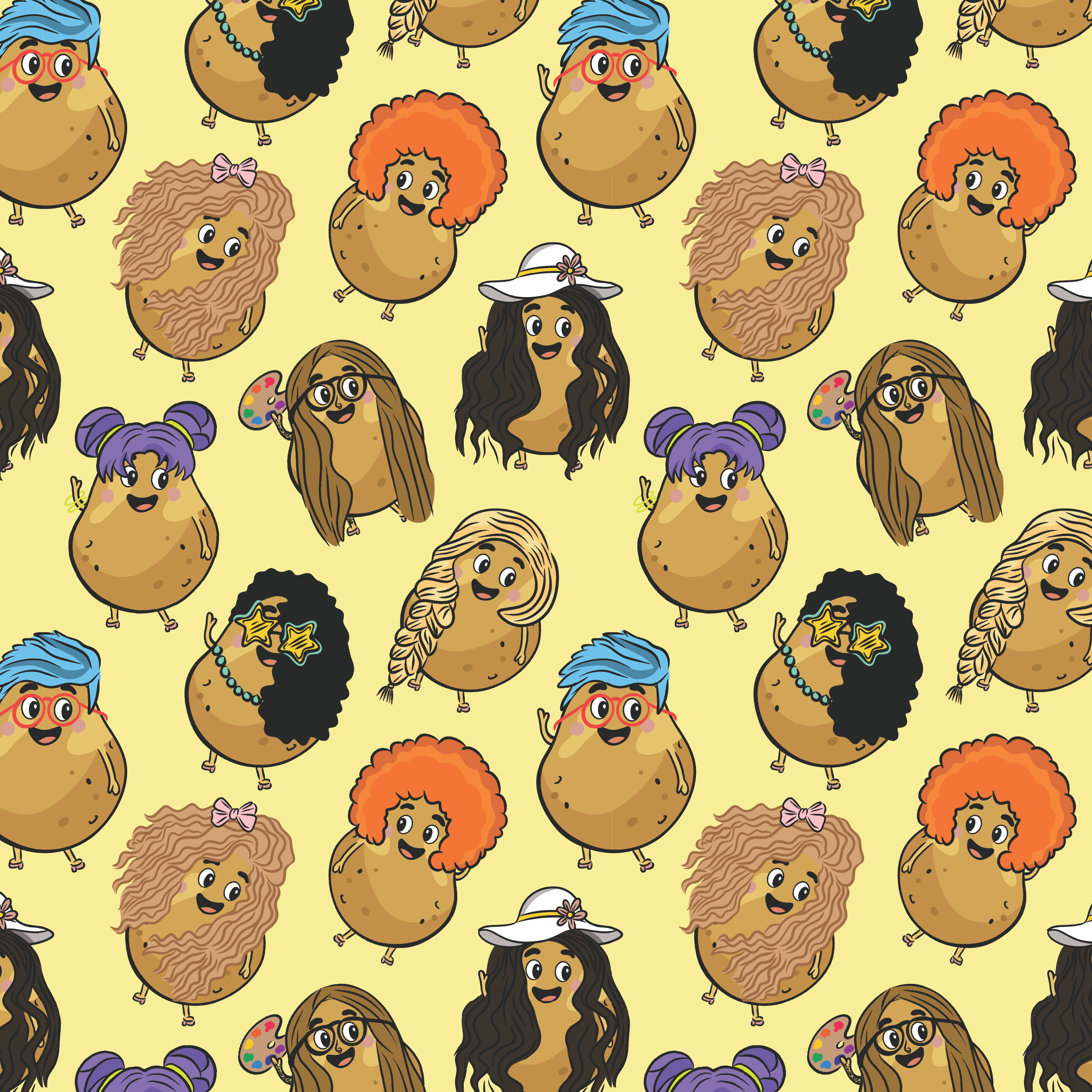 Potato Cartoon Character Pattern cartoon cartoon pattern cartoons character art dress up fun pattern funny hair pattern pattern design playful potato repeat repeat pattern seamless seamless pattern whimsical