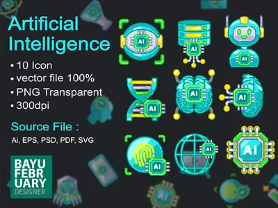 ICON SET : Artificial Intelligence ai artificial cartoon flat icon logo outline set vector
