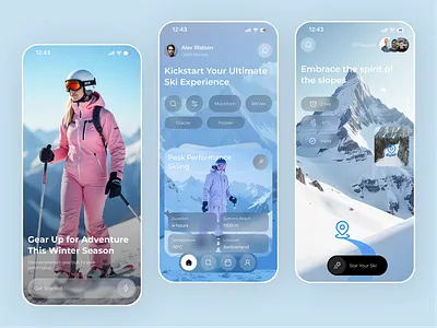 Skiing Adventure & Winter Sports Experience App Design appconcept booking app explore app glassmorphism iosdesign mobile mobile app mobileappdesign outdoorapp skiapp skiing app skiingui skitheme snowadventure sportapp travelapp uidesign uxdesign winter travel winterapp