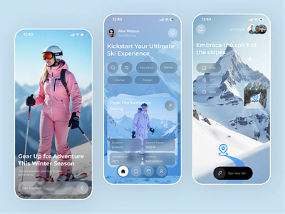 Skiing Adventure & Winter Sports Experience App Design appconcept booking app explore app glassmorphism iosdesign mobile mobile app mobileappdesign outdoorapp skiapp skiing app skiingui skitheme snowadventure sportapp travelapp uidesign uxdesign winter travel winterapp