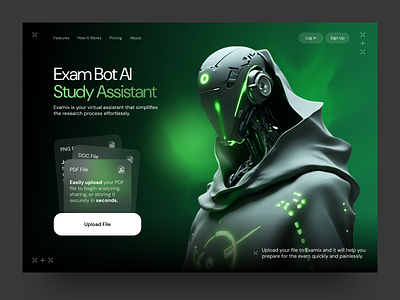 Exam Bot AI – Study Assistant Web Design ai ai bot ai website dark mode design ed tech figma futuristic design interface design landing page modern ui product design saas design tech design web design web platform website design