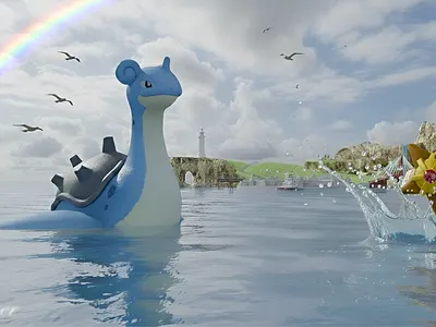 Lapras and Staryu having a splash. Pokémon Render 3d