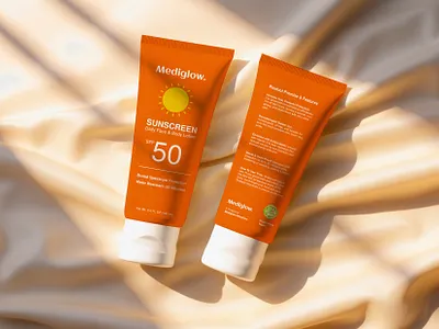 MEDIGLOW - Sunscreen Label Design Concept 3d branding cosmetics cosmetics label design design graphic design graphic designer graphics label design label graphics minimal packaging design packaging label print design print ready product label design professional sunscreen label tube label vector
